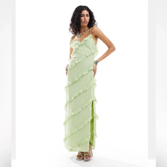 Light Green Ruffle Maxi Dress Asymmetric Cami Midaxi Pistachio Pretty Lavish - Picture 3 of 4